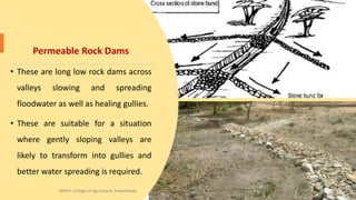 Permeable Rock Dams
• These are long low rock dams across
valleys slowing and spreading
floodwater as well as healing gullies.
• These are suitable for a situation
where gently sloping valleys are
likely to transform into gullies and
better water spreading is required.
JNKVV- College of Agriculture, Powarkheda 39
 