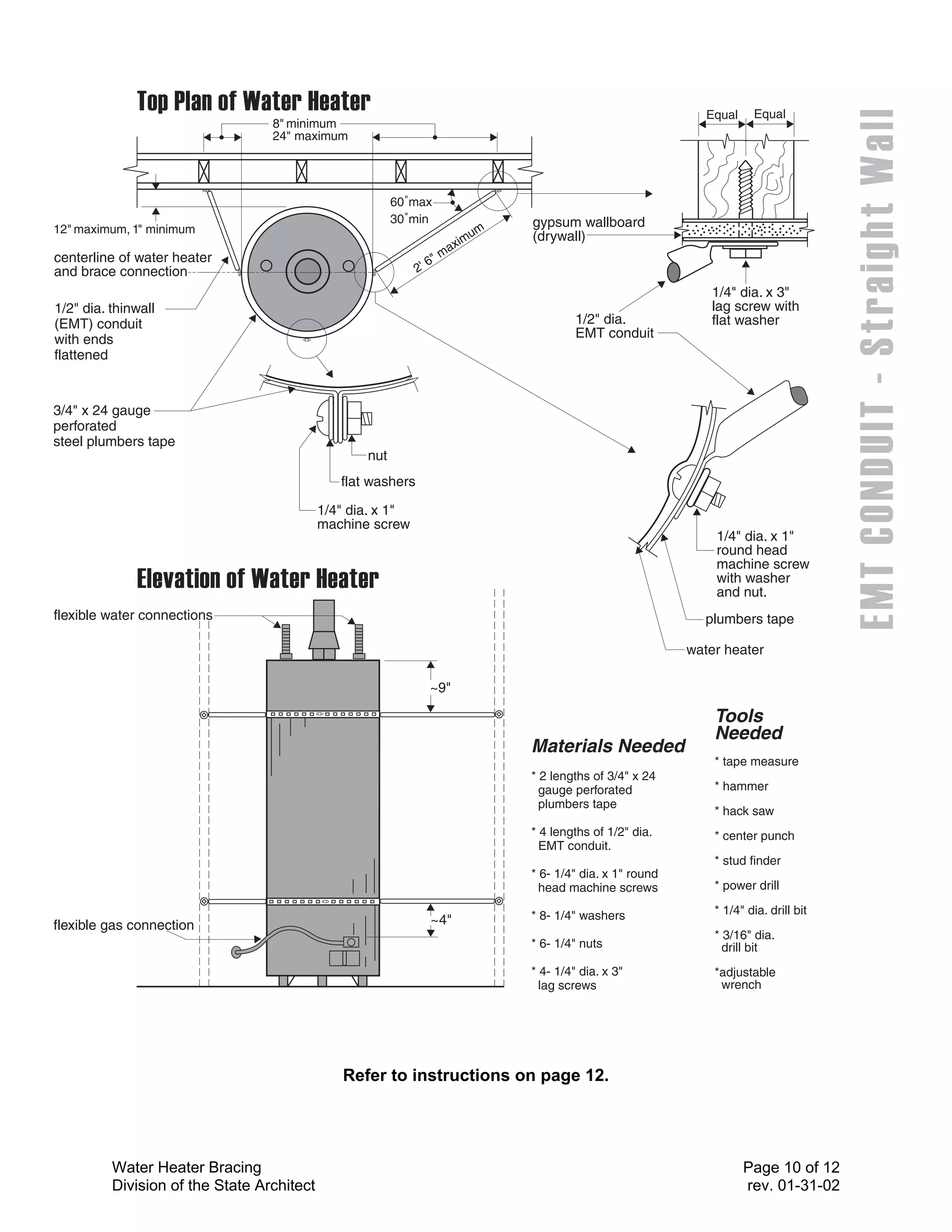 Equal    Equal
                                  8" minimum
                                  24" maximum




                                                         60˚max
                                                         30˚min                    gypsum wallboard
12" maximum, 1" minimum                                                       um
                                                                            im     (drywall)
                                                                        m ax
centerline of water heater                                         6"
and brace connection                                          2'
                                                                                                                  1/4" dia. x 3"
1/2" dia. thinwall                                                                                                lag screw with
(EMT) conduit                                                                               1/2" dia.             flat washer
with ends                                                                                   EMT conduit
flattened


3/4" x 24 gauge
perforated
steel plumbers tape
                                                   nut
                                               flat washers

                                            1/4" dia. x 1"
                                            machine screw
                                                                                                                   1/4" dia. x 1"
                                                                                                                   round head
                                                                                                                   machine screw
                                                                                                                   with washer
                                                                                                                   and nut.
flexible water connections                                                                                       plumbers tape

                                                                                                               water heater

                                                                   ~9"

                                                                                                                   Tools
                                                                                                                   Needed
                                                                                   Materials Needed
                                                                                                                   * tape measure
                                                                                   * 2 lengths of 3/4" x 24
                                                                                     gauge perforated              * hammer
                                                                                     plumbers tape
                                                                                                                   * hack saw
                                                                                   * 4 lengths of 1/2" dia.        * center punch
                                                                                     EMT conduit.
                                                                                                                   * stud finder
                                                                                   * 6- 1/4" dia. x 1" round
                                                                                     head machine screws           * power drill

                                                                                   * 8- 1/4" washers               * 1/4" dia. drill bit
flexible gas connection                                            ~4"
                                                                                                                   * 3/16" dia.
                                                                                   * 6- 1/4" nuts                    drill bit
                                                                                   * 4- 1/4" dia. x 3"             *adjustable
                                                                                     lag screws                     wrench




                                               Refer to instructions on page 12.




          Water Heater Bracing                                                                                            Page 10 of 12
          Division of the State Architect                                                                                 rev. 01-31-02
 