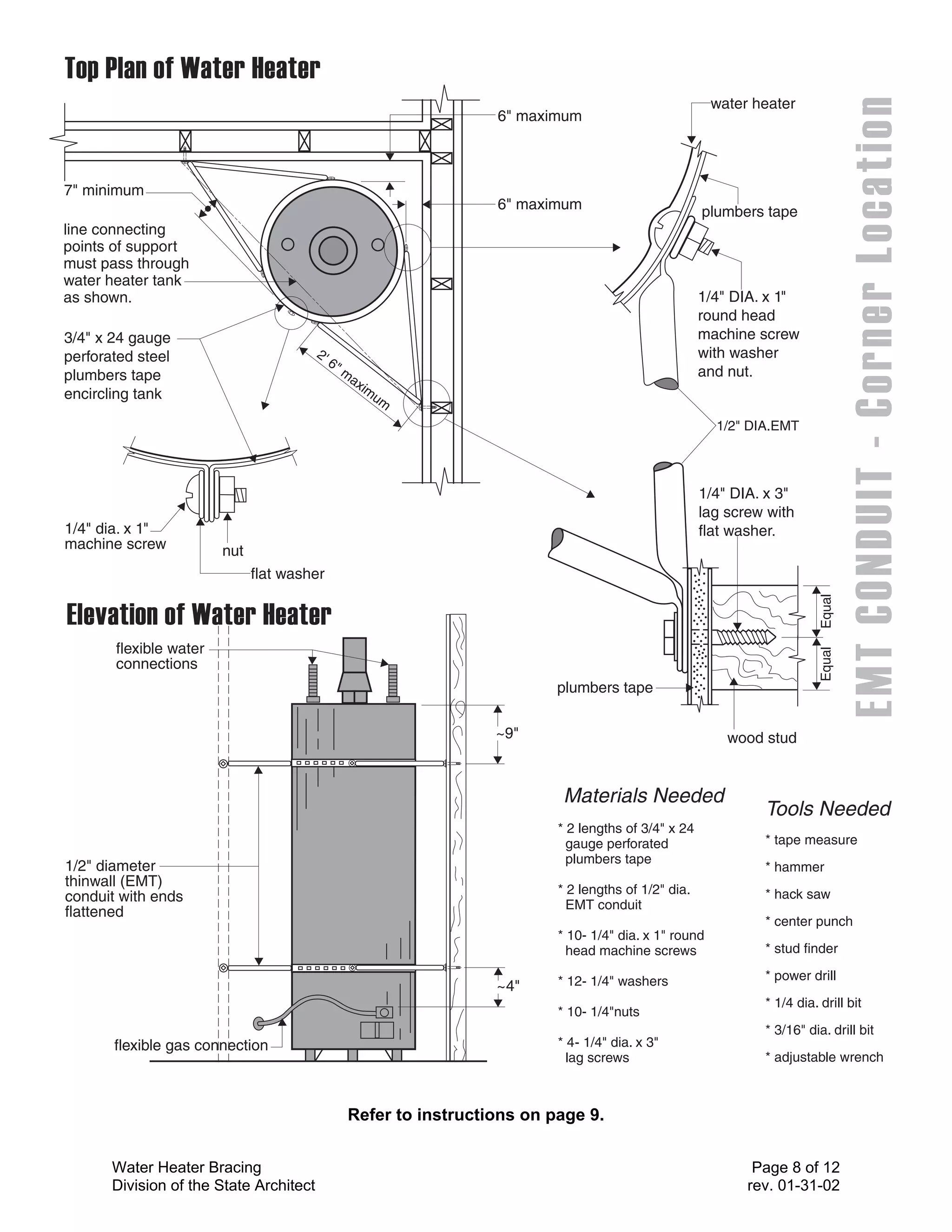 water heater
                                                                     6" maximum



7" minimum
                                                                     6" maximum                         plumbers tape
line connecting
points of support
must pass through
water heater tank
as shown.                                                                                               1/4" DIA. x 1"
                                                                                                        round head
3/4" x 24 gauge                                                                                         machine screw
perforated steel                         2'                                                             with washer
                                              6"
plumbers tape                                      m                                                    and nut.
                                                       ax
                                                         im
encircling tank                                            um

                                                                                                          1/2" DIA.EMT




                                                                                                        1/4" DIA. x 3"
                                                                                                        lag screw with
1/4" dia. x 1"                                                                                          flat washer.
machine screw           nut
                              flat washer




                                                                                                                            Equal
       flexible water




                                                                                                                            Equal
       connections
                                                                             plumbers tape

                                                                     ~9"                                    wood stud


                                                                              Materials Needed
                                                                                                                 Tools Needed
                                                                             * 2 lengths of 3/4" x 24
                                                                               gauge perforated                  * tape measure
                                                                               plumbers tape
1/2" diameter                                                                                                    * hammer
thinwall (EMT)
                                                                             * 2 lengths of 1/2" dia.            * hack saw
conduit with ends
                                                                               EMT conduit
flattened
                                                                                                                 * center punch
                                                                             * 10- 1/4" dia. x 1" round
                                                                               head machine screws               * stud finder

                                                                             * 12- 1/4" washers                  * power drill
                                                                     ~4"
                                                                                                                 * 1/4 dia. drill bit
                                                                             * 10- 1/4"nuts
                                                                                                                 * 3/16" dia. drill bit
       flexible gas connection                                               * 4- 1/4" dia. x 3"
                                                                               lag screws                        * adjustable wrench



                                                   Refer to instructions on page 9.


       Water Heater Bracing                                                                                     Page 8 of 12
       Division of the State Architect                                                                         rev. 01-31-02
 