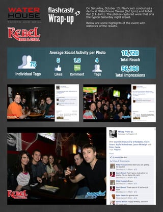 On Saturday, October 13, Flashcastr conducted a
                                       demo at Waterhouse Tavern (9-11pm) and Rebel


                  Wrap-up
                                       Bar (11-1am). The photos captured were that of a
                                       the typical Saturday night crowd.

                                       Below are some highlights of the event with
                                       statistics of the results.




                  Average Social Activity per Photo             18,720
                      5         1.5          4                 Total Reach
        75
                                                                56,160
Individual Tags     Likes    Comment        Tags            Total Impressions
 