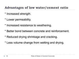 Adding extra water to concrete!!!Role of Water in Cement Concrete14This affects the compressive, tensile and flexural strengths, the porosity and the shrinkageLoss of Inherent good qualities like Cohesiveness and HomogeneityHarmful to Strength and DurabilitySowing the seed of Cancer in concreteIt is an AbuseIt is a Criminal actUn-engineering------------------(M.S.Shetty, Eminent Author)