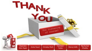 Dipendra
Man Rajak
Gokul Saud Himalay Shah
Kamlesh
Yadav
Manoj Kafle
Raj Kumar
Khadka
 