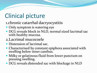 Clinical picture
1.chronic catarrhal dacryocystitis
 Only symptom is watering eye
 DCG reveals block in NLD, normal sized lacrimal sac
with healthy mucosa.
2.Lacrimal mucocoele
 Distension of lacrimal sac.
 Characterised by constant epiphora associated with
swelling below inner canthus.
 Milky or gelatinous fluid from lower punctum on
pressing swelling.
 DCG reveals distended sac with blockage in NLD
 