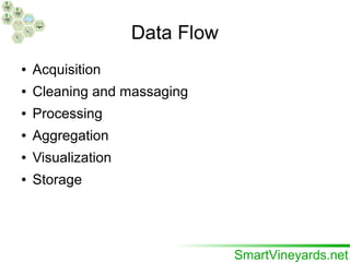 Data Flow
● Acquisition
● Cleaning and massaging
● Processing
● Aggregation
● Visualization
● Storage
 