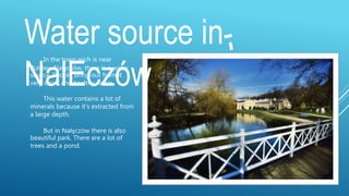 Water source in
NalEczów
In the town wich is near
Puławy, Nałęczów, there is a water
source. People bring out from it
very clean and healthy water.
This water contains a lot of
minerals because it’s extracted from
a large depth.
But in Nałęczów there is also
beautiful park. There are a lot of
trees and a pond.
 