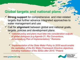 Global targets and national plans
 Strong support for comprehensive and inter-related
targets that further advance integrated approaches to
water management and use
 Call for alignment between global and national goals,
targets, policies and development plans
 “national policy and plans must take into consideration outputs
of global dialogues (e.g Agenda 21, Rio Conventions,
Johannesburg Plan of Implementation).” Romania
 “Implementation of the State Water Policy to 2030 would enable
the realisation of the EU Water Framework Directive objectives
including realisation of the SDGs after 2015.” Poland
 