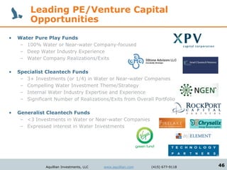 Leading PE/Venture Capital
         Opportunities
•   Water Pure Play Funds
     – 100% Water or Near-water Company-focused
     – Deep Water Industry Experience
     – Water Company Realizations/Exits

•   Specialist Cleantech Funds
     – 3+ Investments (or 1/4) in Water or Near-water Companies
     – Compelling Water Investment Theme/Strategy
     – Internal Water Industry Expertise and Experience
     – Significant Number of Realizations/Exits from Overall Portfolio

•   Generalist Cleantech Funds
     – <3 Investments in Water or Near-water Companies
     – Expressed interest in Water Investments




               Aquillian Investments, LLC   www.aquillian.com   (415) 677-9118   46
 