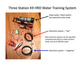 Three Station K9 HRD Water Training System 
Deep‐water / boat system 
(wt attached scuba tank) 
Shoreline system – “hot” 
Both shoreline systems can be operated 
simultaneously (from a single onshore 
tank), and up to 200 feet apart 
Shoreline system – “negative” 
 