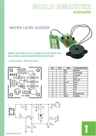 1
WATER LEVEL BUZZER
SR. QTY. REF. DESCRIPTION
1 1 BZ1 BUZZER
2 1 CN1 2 PCB PINS
3 1 C1 10uF/50V
4 1 C2 0.1uF
5 1 D1 RED LED
6 2 Q1,Q2 BC547
7 1 R1 100K
8 1 R2 5.6K
9 1 R3 4.7K
10 1 R4 1K
11 1 SN1 SENSOR PCB
12 1 WIRE 2 WIRES
WATERSENSORPCB
R1
100K
R2
5.6K
Q2
BC547
R3
4.7K
Q1
BC547
SN1
1
2
CN1
6VDC
C2
0.1uF
+C1
10uF/50V
R4
1K
D1
REDLED
BZ1
BUZZER
BLCK
RED
GND
+V
Water Level Buzzer is a simple circuit which will
buzz when water reaches the sensor level.
!Input supply - 9V DC @ 40mA
www.anykits.com
 