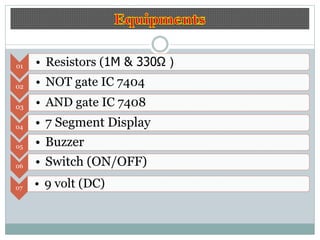 01 • Resistors (1M & 330Ω )
02 • NOT gate IC 7404
03 • AND gate IC 7408
04 • 7 Segment Display
05 • Buzzer
06 • Switch (ON/OFF)
07 • 9 volt (DC)
 