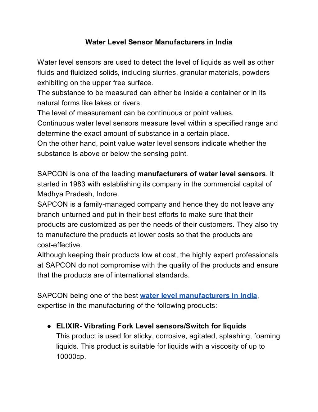 Water level sensor manufacturers in india