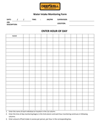 Water Intake Monitoring Form
DATE: / / TIME: : AM/PM SUPERVISOR:
JOB
DESCRIPTION:
LOCATION:
ENTER HOUR OF DAY
NAME
1. Enter the name of each individual on location in the 1st column.
2. Enter the time of day monitoring begins in the 2nd column and each hour monitoring continues in following
columns.
3. Enter amount of fluid intake in ounces per person, per hour in the corresponding box.
 