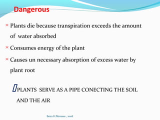 Dangerous
 Plants die because transpiration exceeds the amount
of water absorbed
 Consumes energy of the plant
 Causes un necessary absorption of excess water by
plant root
PLANTS SERVE AS A PIPE CONECTING THE SOIL
AND THE AIR
Beira H.Meressa , 2008
 