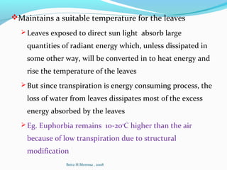 Maintains a suitable temperature for the leaves
 Leaves exposed to direct sun light absorb large
quantities of radiant energy which, unless dissipated in
some other way, will be converted in to heat energy and
rise the temperature of the leaves
 But since transpiration is energy consuming process, the
loss of water from leaves dissipates most of the excess
energy absorbed by the leaves
 Eg. Euphorbia remains 10-20o
C higher than the air
because of low transpiration due to structural
modification
Beira H.Meressa , 2008
 