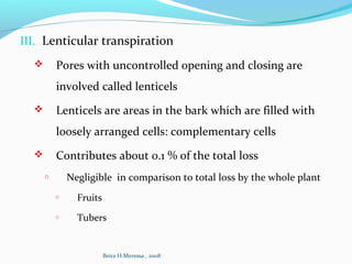 III. Lenticular transpiration
 Pores with uncontrolled opening and closing are
involved called lenticels
 Lenticels are areas in the bark which are filled with
loosely arranged cells: complementary cells
 Contributes about 0.1 % of the total loss
o Negligible in comparison to total loss by the whole plant
o Fruits
o Tubers
Beira H.Meressa , 2008
 