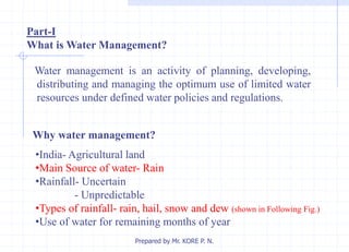 Part-I
What is Water Management?
Water management is an activity of planning, developing,
distributing and managing the optimum use of limited water
resources under defined water policies and regulations.
Why water management?
•India- Agricultural land
•Main Source of water- Rain
•Rainfall- Uncertain
- Unpredictable
•Types of rainfall- rain, hail, snow and dew (shown in Following Fig.)
•Use of water for remaining months of year
Prepared by Mr. KORE P. N.
 