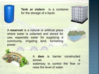 A reservoir is a natural or artificial place
where water is collected and stored for
use, especially water for supplying a
community, irrigating land, furnishing
power.
Tank or cistern is a container
for the storage of a liquid.
A dam is barrier constructed
across a
waterway to control the flow or
raise the level of water.
 