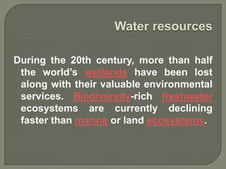 During the 20th century, more than half
 the world’s wetlands have been lost
 along with their valuable environmental
 services. Biodiversity-rich freshwater
 ecosystems are currently declining
 faster than marine or land ecosystems.
 