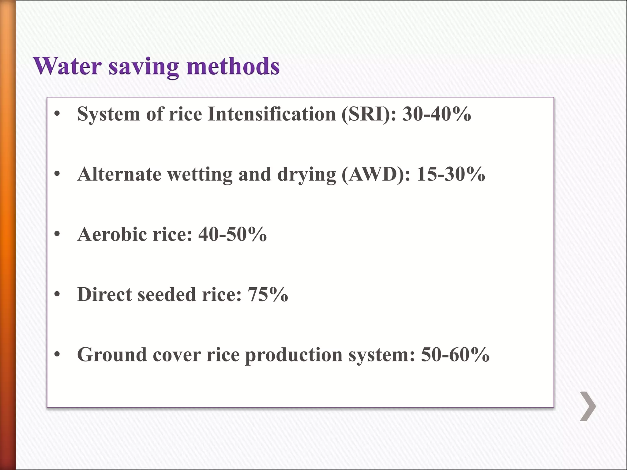 Water saving methods
• System of rice Intensification (SRI): 30-40%
• Alternate wetting and drying (AWD): 15-30%
• Aerobic rice: 40-50%
• Direct seeded rice: 75%
• Ground cover rice production system: 50-60%
 