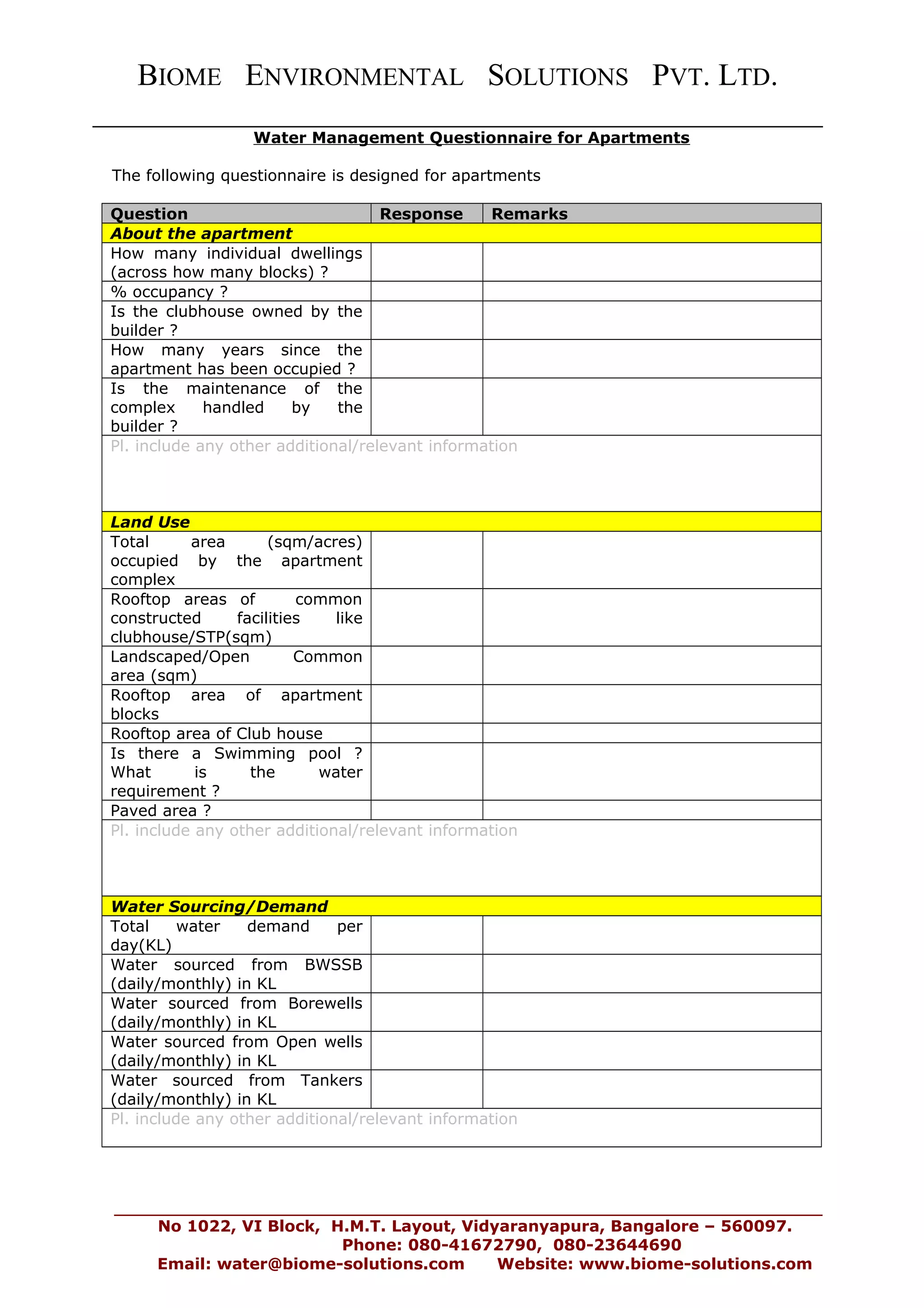 Water management questionnaire for apartments PDF