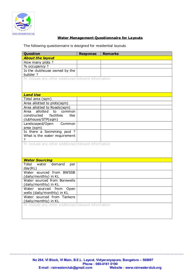 Water management questionnaire for layouts