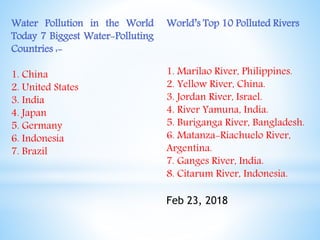 Water Pollution in the World
Today 7 Biggest Water-Polluting
Countries :-
1. China
2. United States
3. India
4. Japan
5. Germany
6. Indonesia
7. Brazil
World’s Top 10 Polluted Rivers
1. Marilao River, Philippines.
2. Yellow River, China.
3. Jordan River, Israel.
4. River Yamuna, India.
5. Buriganga River, Bangladesh.
6. Matanza-Riachuelo River,
Argentina.
7. Ganges River, India.
8. Citarum River, Indonesia.
Feb 23, 2018
 