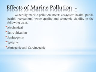 Generally marine pollution affects ecosystem health, public
health, recreational water quality and economic viability in the
following ways:
*Mechanical
*Eutrophication
*Saphrogenic
*Toxicity
*Mutagenic and Carcinogenic
 
