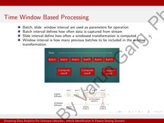 Time Window Based Processing
Batch, slide window interval are used as parameters for operation
Batch interval defines how often data is captured from stream
Slide interval define how often a windowed transformation is computed
Window interval is how many previous batches to be included in the window
transformation.
Streaming Data Analytics For Unknown (Attacker) Vehicle Identification In Passive Sensing Scenario
B
y
V
a
r
u
n
G
a
r
g
,
P
 