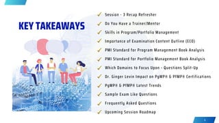 KEY TAKEAWAYS
Upcoming Session Roadmap
Session - 3 Recap Refresher
Do You Have a Trainer/Mentor
Skills in Program/Portfolio Management
Importance of Examination Content Outline (EC0)
PMI Standard for Program Management Book Analysis
PMI Standard for Portfolio Management Book Analysis
Which Domains to Focus Upon - Questions Split-Up
Dr. Ginger Levin Impact on PgMP® & PfMP® Certifications
PgMP® & PfMP® Latest Trends
Sample Exam Like Questions
Frequently Asked Questions
4
 