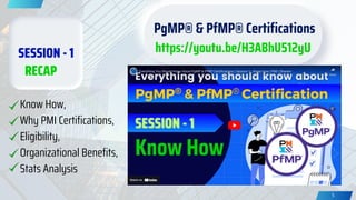 SESSION - 1
PgMP® & PfMP® Certifications
Know How,
Why PMI Certifications,
Eligibility,
Organizational Benefits,
Stats Analysis
5
https://youtu.be/H3ABhU512yU
RECAP
 