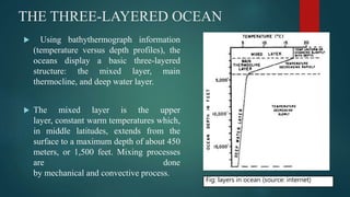 THE THREE-LAYERED OCEAN
 Using bathythermograph information
(temperature versus depth profiles), the
oceans display a basic three-layered
structure: the mixed layer, main
thermocline, and deep water layer.
 The mixed layer is the upper
layer, constant warm temperatures which,
in middle latitudes, extends from the
surface to a maximum depth of about 450
meters, or 1,500 feet. Mixing processes
are done
by mechanical and convective process.
Fig: layers in ocean (source: internet)
 