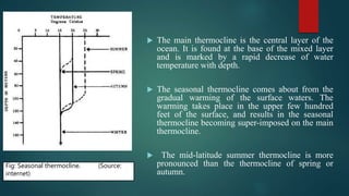 The main thermocline is the central layer of the
ocean. It is found at the base of the mixed layer
and is marked by a rapid decrease of water
temperature with depth.
 The seasonal thermocline comes about from the
gradual warming of the surface waters. The
warming takes place in the upper few hundred
feet of the surface, and results in the seasonal
thermocline becoming super-imposed on the main
thermocline.
 The mid-latitude summer thermocline is more
pronounced than the thermocline of spring or
autumn.
Fig: Seasonal thermocline. (Source:
internet)
 