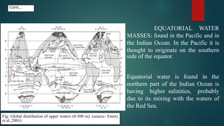 EQUATORIAL WATER
MASSES: found in the Pacific and in
the Indian Ocean. In the Pacific it is
thought to originate on the southern
side of the equator.
Equatorial water is found in the
northern part of the Indian Ocean is
having higher salinities, probably
due to its mixing with the waters of
the Red Sea.
Cont....
Fig: Global distribution of upper waters (0-500 m). (source- Emery
et al.,2001)
 