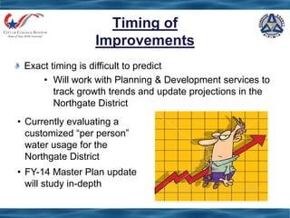 Exact timing is difficult to predict
• Will work with Planning & Development services to
track growth trends and update projections in the
Northgate District
Timing of
Improvements
• Currently evaluating a
customized “per person”
water usage for the
Northgate District
• FY-14 Master Plan update
will study in-depth
 