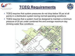 TCEQ Requirements
TCEQ requires that system pressures do not drop below 35 psi at all
points in a distribution system during normal operating conditions
TCEQ requires that a system must be designed to maintain a minimum
pressure of 20 psi under combined fire and average maximum day
drinking water flow conditions
 
