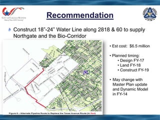 Recommendation
Construct 18”-24” Water Line along 2818 & 60 to supply
Northgate and the Bio-Corridor
• Est cost: $6.5 million
• Planned timing:
• Design FY-17
• Land FY-18
• Construct FY-19
• May change with
Master Plan update
and Dynamic Model
in FY-14
 
