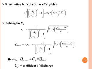173
 Substituting for V2 in terms of V1 yields





 


















M
gh
A
A
v 21
2
2
1...