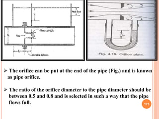 175
 The orifice can be put at the end of the pipe (Fig.) and is known
as pipe orifice.
 The ratio of the orifice diamet...