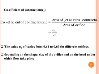 34
orificeofArea
contracta-at venajetofArea
=)n(ccontractioofefficient-Co c
Co-efficient of contraction(cc)
a
ac

 The v...