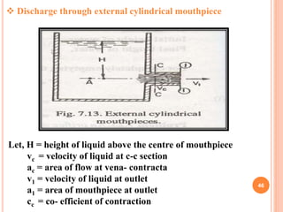 46
 Discharge through external cylindrical mouthpiece
Let, H = height of liquid above the centre of mouthpiece
vc = veloc...