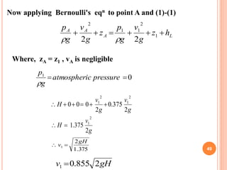 49
Now applying Bernoulli's eqn to point A and (1)-(1)
LA
AA
hz
g
v
g
p
z
g
v
g
p
 1
2
11
2
22 
01
 pressurecatm...