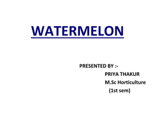 WATERMELON
PRESENTED BY :-
PRIYA THAKUR
M.Sc Horticulture
(1st sem)
 