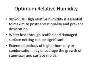 Optimum Relative Humidity
• 90%-95%; High relative humidity is essential
to maximize postharvest quality and prevent
desiccation.
• Water loss through scuffed and damaged
surface netting can be significant.
• Extended periods of higher humidity or
condensation may encourage the growth of
stem-scar and surface molds.
 