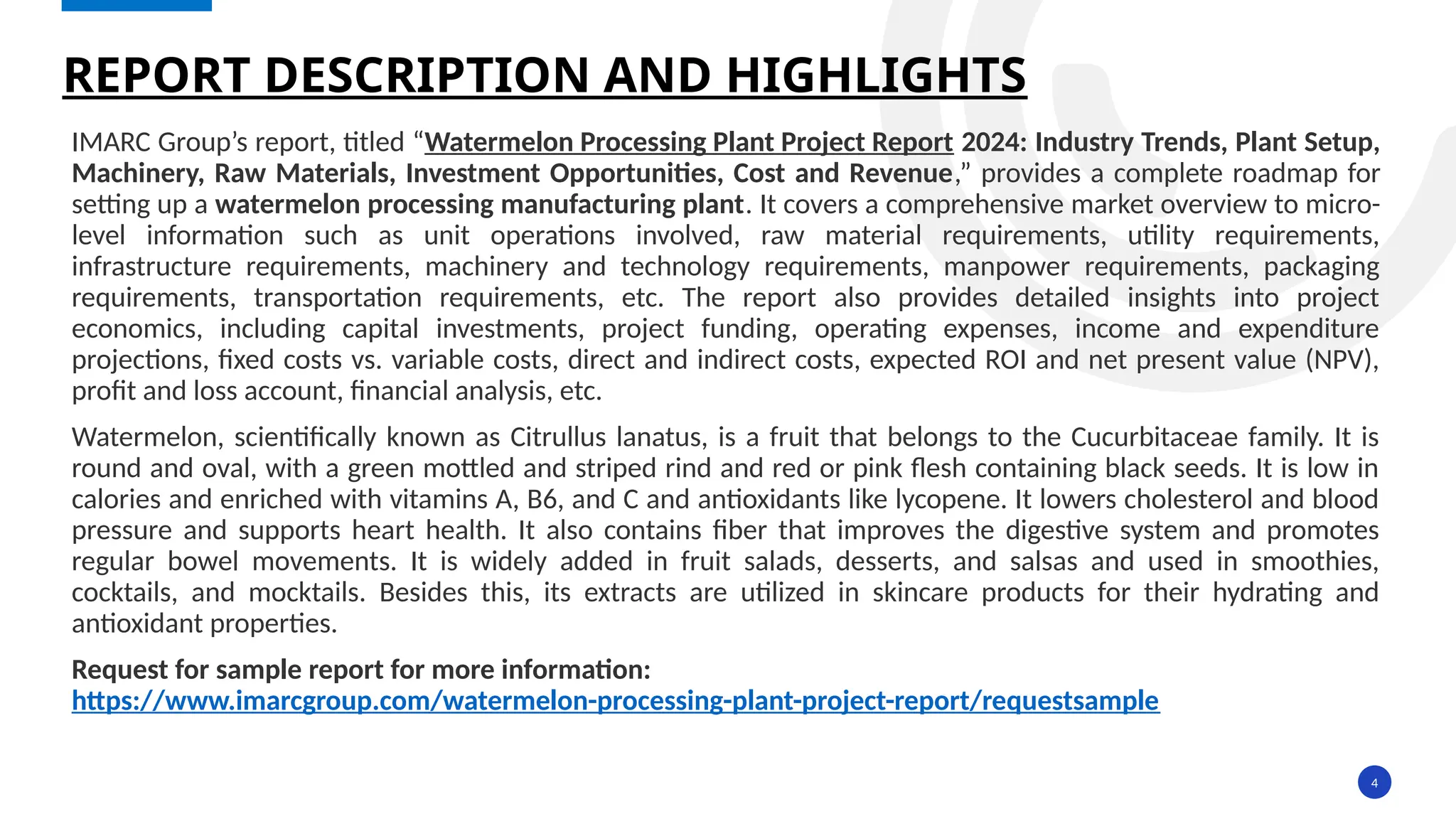 Watermelon Processing Plant Project Report | PPTX