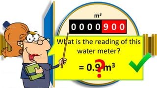 0 0 0 0 9 0 0
m3
01 0 0
3
2
4
1
6
9
7
8
0
5
What is the reading of this
water meter?
= 0.9 m3
 