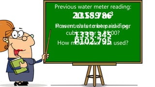 Previous water meter reading:
1318.786
Present water meter reading:
1339.345
How much water was used?
How much is to be paid if per
cubic meter is P5.00?
20.559 m3
P102.795
 