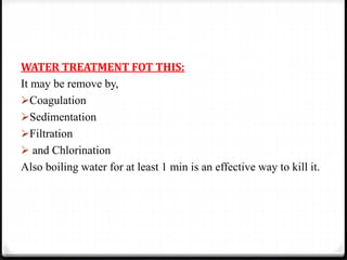 WATER TREATMENT FOT THIS:
It may be remove by,
Coagulation
Sedimentation
Filtration
 and Chlorination
Also boiling water for at least 1 min is an effective way to kill it.
 