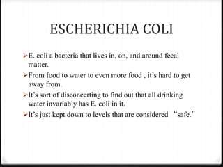 ESCHERICHIA COLI
E. coli a bacteria that lives in, on, and around fecal
matter.
From food to water to even more food , it’s hard to get
away from.
It’s sort of disconcerting to find out that all drinking
water invariably has E. coli in it.
It’s just kept down to levels that are considered “safe.”
 