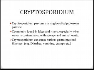 CRYPTOSPORIDIUM
Cryptosporidium parvum is a single-celled protozoan
parasite.
Commonly found in lakes and rivers, especially when
water is contaminated with sewage and animal waste.
Cryptosporidium can cause various gastrointestinal
illnesses. (e.g. Diarrhea, vomiting, cramps etc.)
 