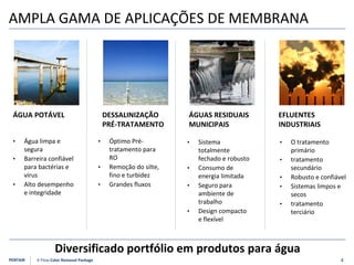 PENTAIR X-Flow Color Removal Package
ÁGUA POTÁVEL DESSALINIZAÇÃO
PRÉ-TRATAMENTO
ÁGUAS RESIDUAIS
MUNICIPAIS
4
Diversificado portfólio em produtos para água
AMPLA GAMA DE APLICAÇÕES DE MEMBRANA
EFLUENTES
INDUSTRIAIS
• Água limpa e
segura
• Barreira confiável
para bactérias e
vírus
• Alto desempenho
e integridade
• Óptimo Pré-
tratamento para
RO
• Remoção do silte,
fino e turbidez
• Grandes fluxos
• Sistema
totalmente
fechado e robusto
• Consumo de
energia limitada
• Seguro para
ambiente de
trabalho
• Design compacto
e flexível
• O tratamento
primário
• tratamento
secundário
• Robusto e confiável
• Sistemas limpos e
secos
• tratamento
terciário
 